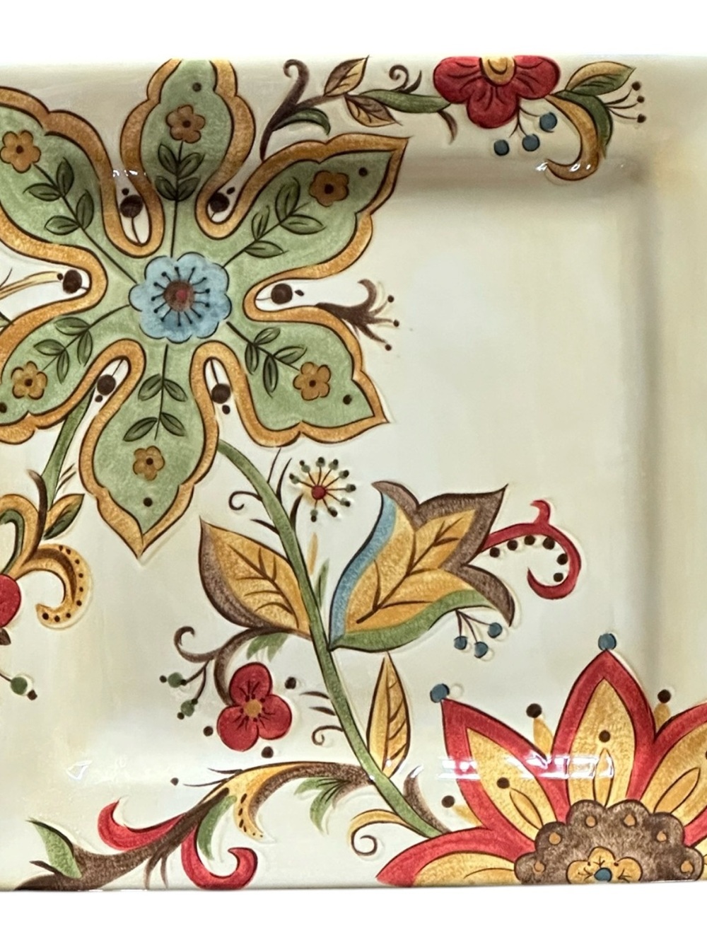 Pottery Barn Hand-Painted Floral Ceramic Plate  - Green, Red, Gold Accents